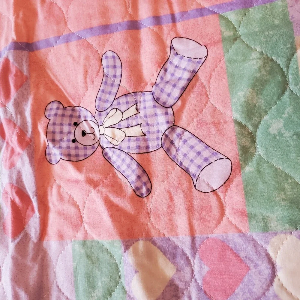 VTG Handmade Baby Quilted‎ Blanket Pastel Bears & Hearts Vintage